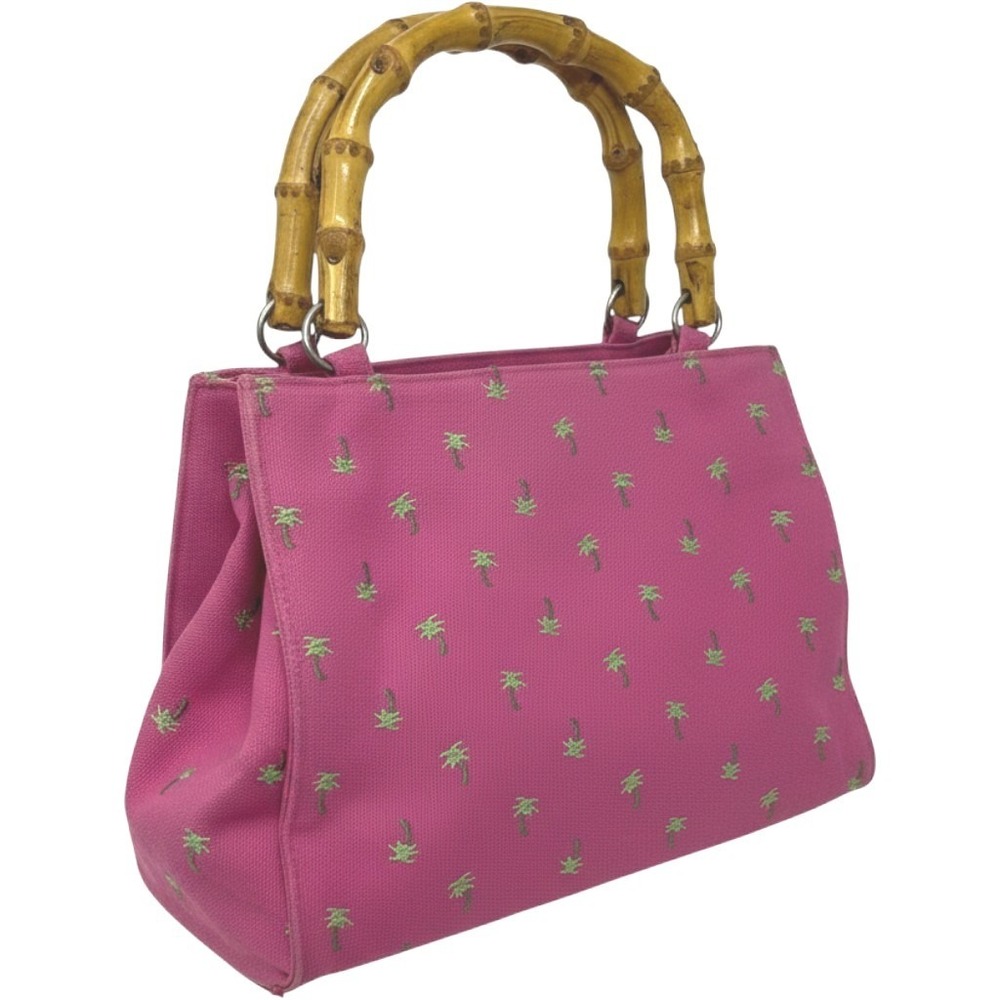 Sunny Hawaii Pink Canvas Palm Tree Embroidered Tote Bag Bamboo Handles